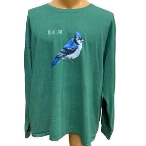 Mens 2X Watercolor Blue Jay Bird Hand Printed Upcycled Long Sleeve Tee Shirt